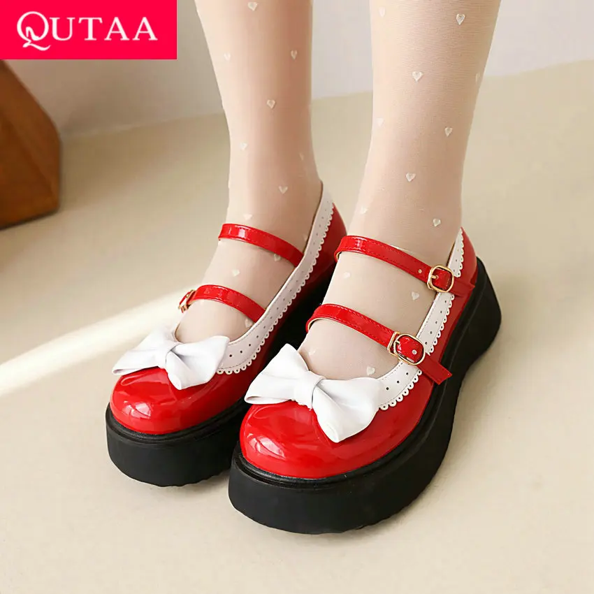 

QUTAA 2022 Shoes Sexy Round Toe Women Pumps Fashion Elegant Med Heel Shallow Mary Janes Women Ankle Strap Shoes Size 34-39