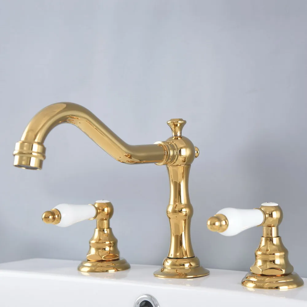 

Polished Gold Color Brass Deck Mounted Dual Handles Widespread Bathroom 3 Holes Basin Faucet Mixer Water Taps mnf982