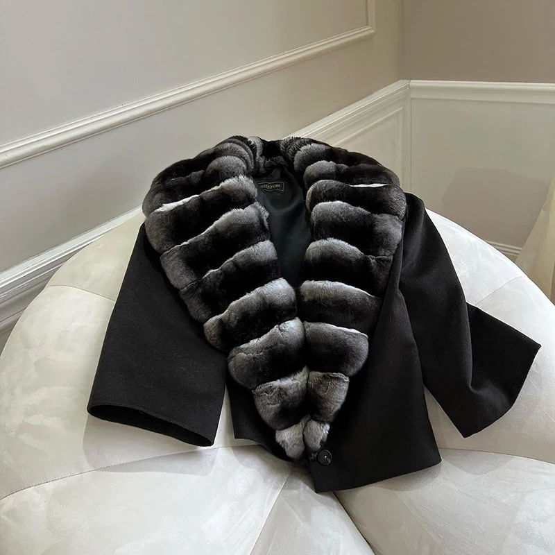 Genuine Chinchilla Fur Collar Patchwork Woolen Jacket Women Fashion Warm Outertwear Natural Rex Rabbit Fur Black Wool Coat Lady