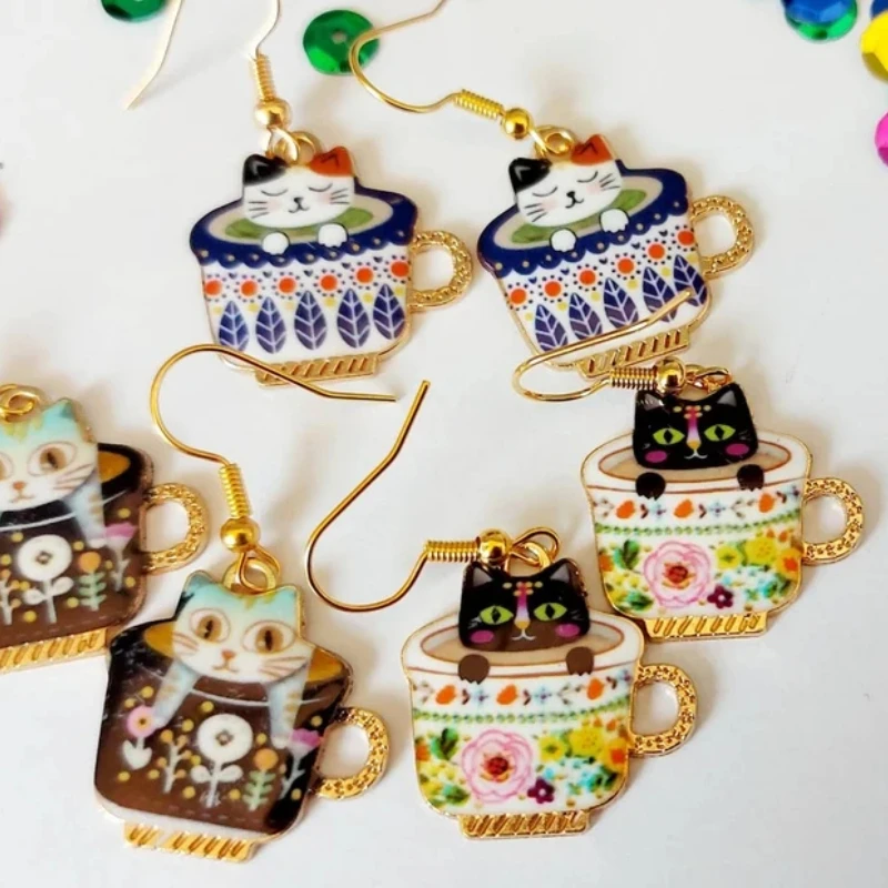 

Exquisite Enamel Teacup Cat Earrings Kawaii Jewelry Kitsch Earrings Aesthetic Jewelry Animal Earring Interesting Earring Jewelry