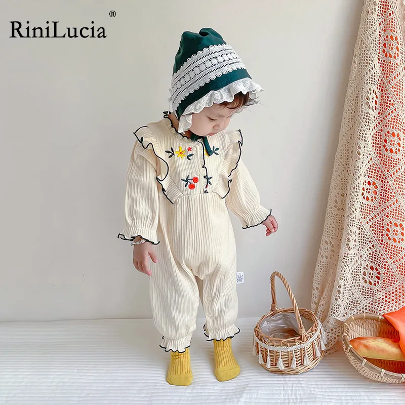 

RiniLucia Baby Girl Romper Girl Knit Romper Pajamas Jumpsuit Ribbed Clothes Floral Ruffle Newboron Autumn Rompers Playsuit