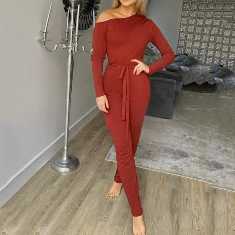 

Plus Size One Shoulder High Waist Belted Jumpsuit Women Spring Fall Solid Long Sleeve Diagonal Collar Overalls One-Pieces 2022
