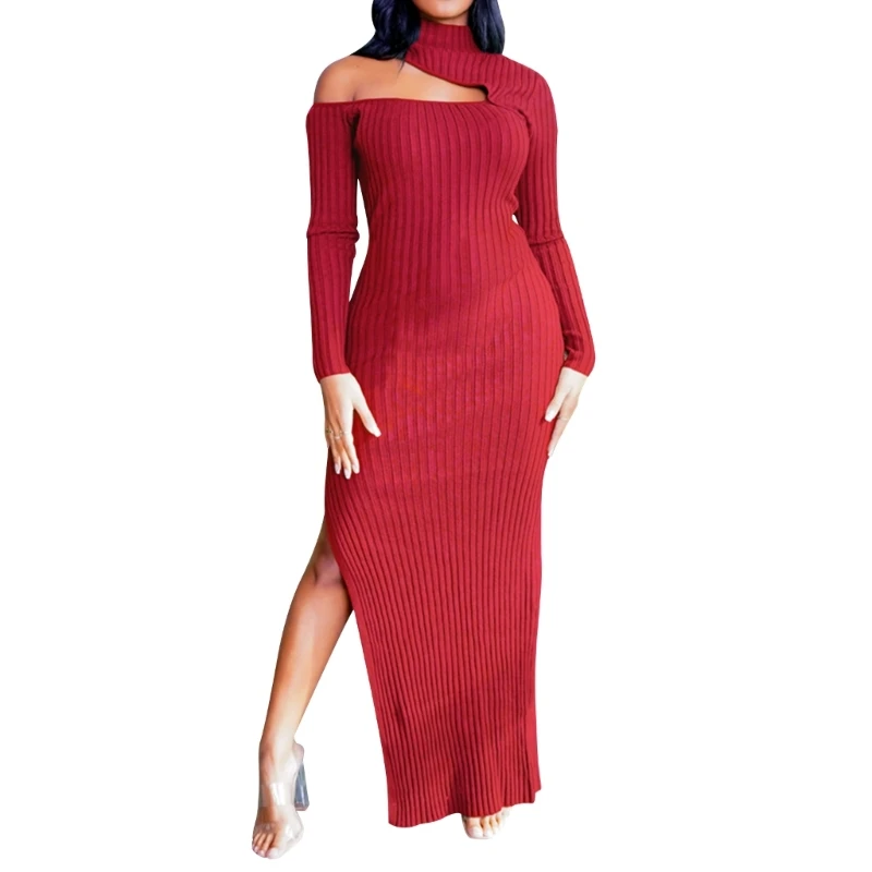 

Women Mock Neck Long Sleeve Bodycon Sweater Maxi Dress Sexy Cutout Shoulder Side Split Ribbed Knit Slim Fitted Dresses