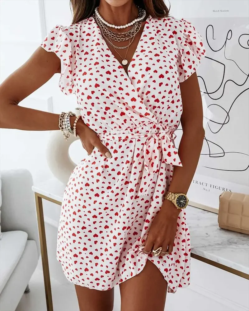 

Женское летнее платье CHAXIAOA, Повседневное платье с V-образным вырезом и поясом, с принтом в виде сердца, 1 шт., 2022