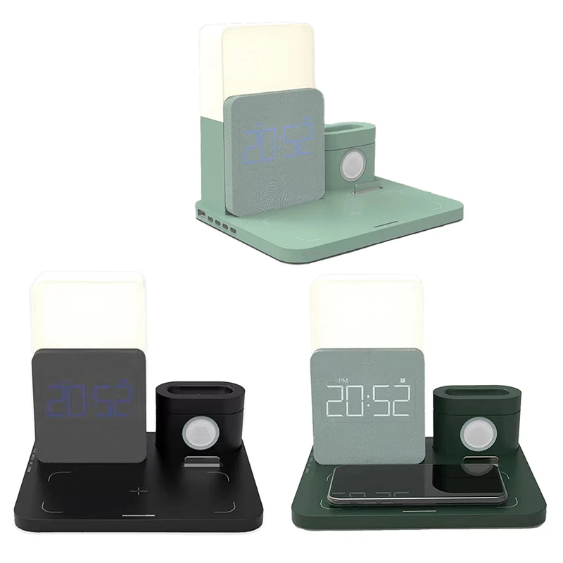 

Wireless Charger 4 In 1 Fast Charging Station With Digital Alarm Clock Night Light Compatible Watch