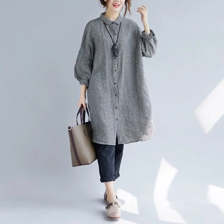 

Mid Length Long Sleeve Shirt Blouse Plaid Loose White Blouses New in Coats Women's Top Japanese Y2k Woman Novelty 2023 Tops Chic