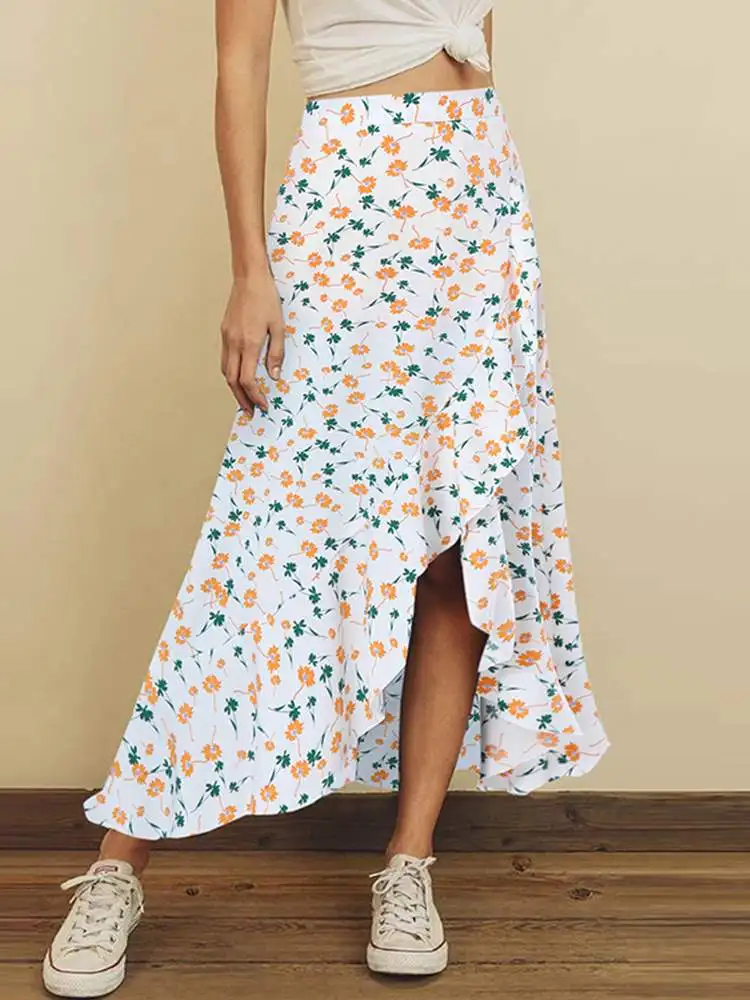 

ZANZEA Women Ruffle Print Skirts 2022 Summer Bohemian Asymmetrical Maxi Skirts Casual Ladies Elegant A-line Bottoms Oversized 1