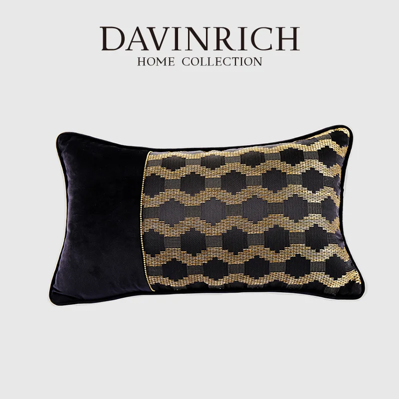 

DAVINRICH Distinctive Style Cushion Covers Black Velvet Bead Splicing Gold Grid Decorative Lumbar Pillow Case 30x50 Luxury Decor