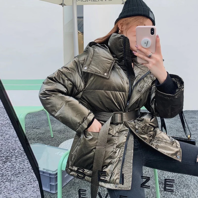 Winter Glossy Shiny Down Jacket Women  90% White Duck Down Coat Female Puffer Parkas Hooded Waterproof Snow Outwear Coat Women