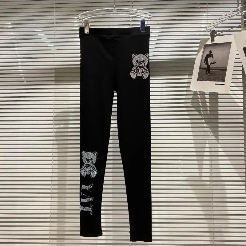 2022 Autumn New Heavy Letter Diamond Bear Rhinestone Black Leggings Female Stretch Slim Yoga Leggings for Women Fitness Trousers