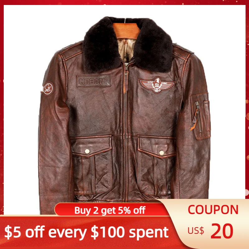 

2022 Vintage Brown Pilot Leather Jacket Men Military Style Plus Size 5XL Wool Collar Genuine Cowhide Autumn Slim Fit Short Coat