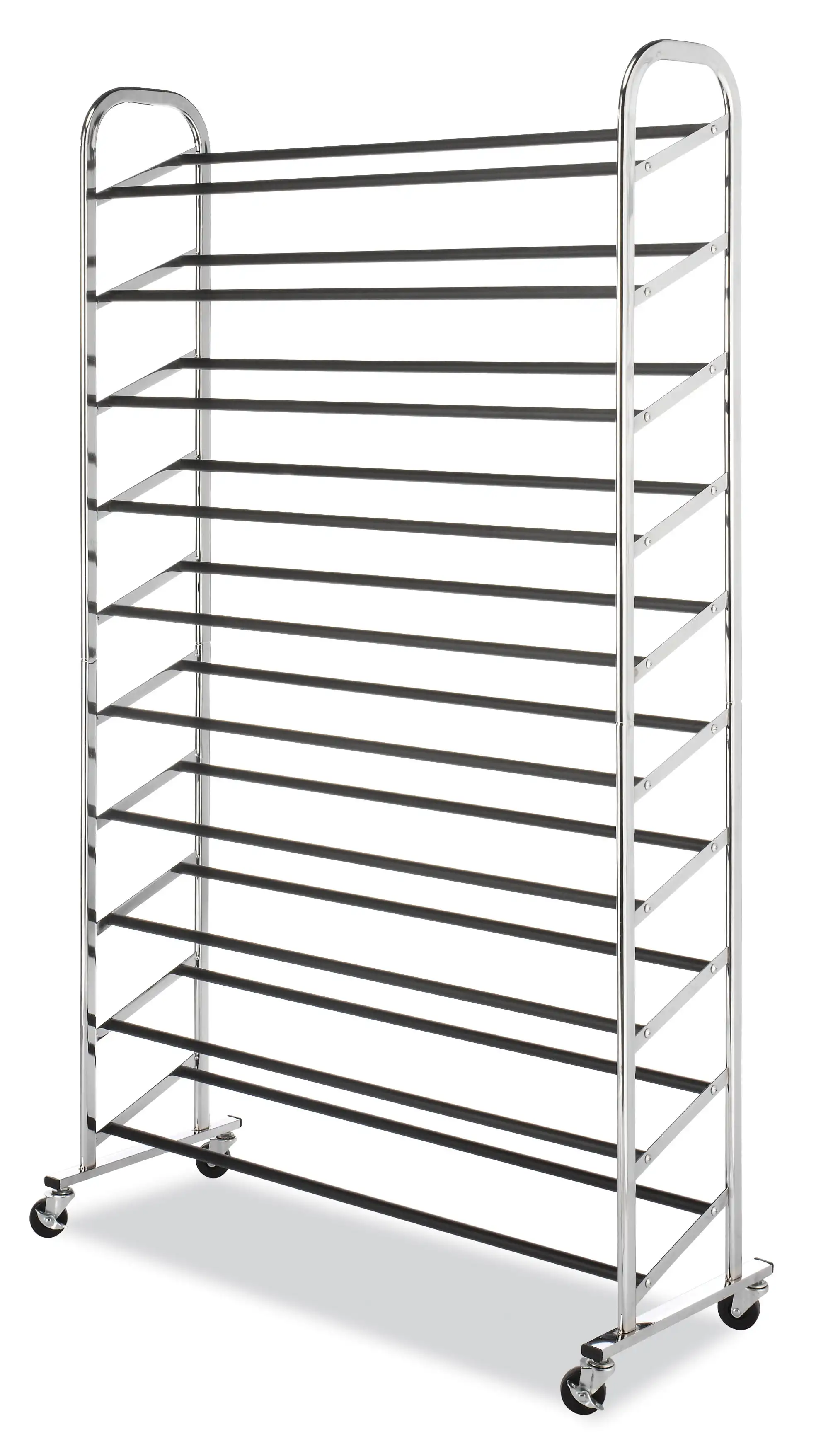 

10-Tier Rolling 50 Pair Shoe Rack, Metal, Chrome