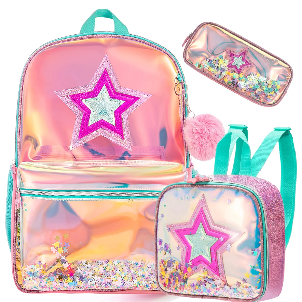 BIKAB School Backpack Girls 16 Inch Girls Backpack Sequin Backpack with Lunch Box Backpack Women Girls School Supplies Set Bags