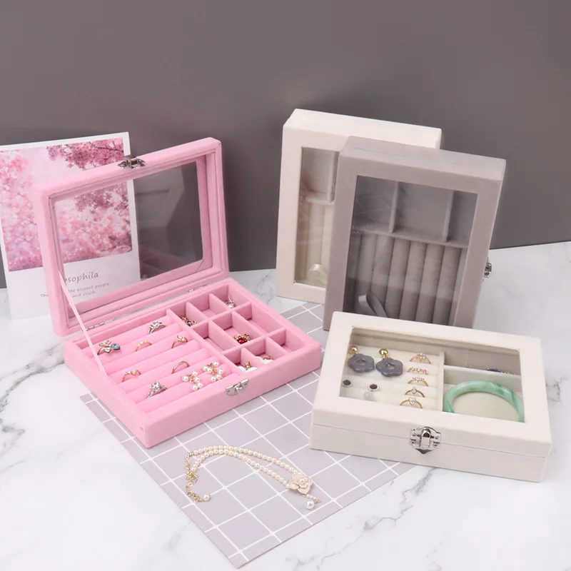 Velvet Organizer for Jewelry Transparent Glass Display Organizer Casket Earrings Storage Tray Display Boxes Organizador Collares