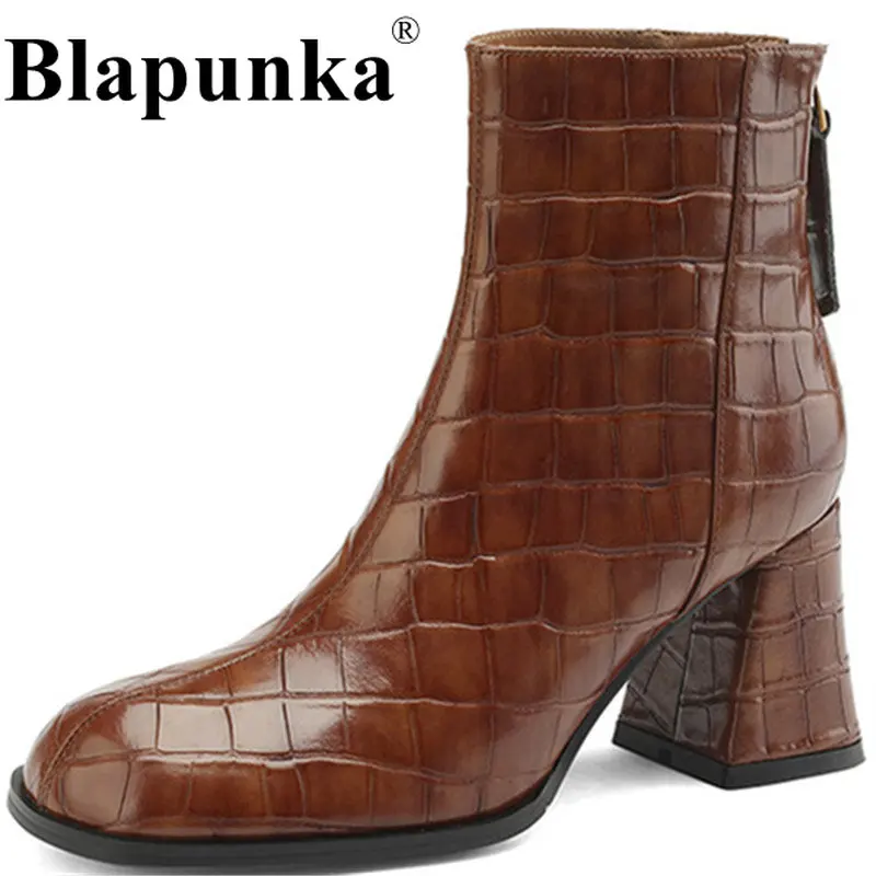 

Blapunka Woman Crocodile Genuine Leather Boots Chunky Heels Round Toe Back Zipper Short Boot Women Square High Heels Bootie Shoe