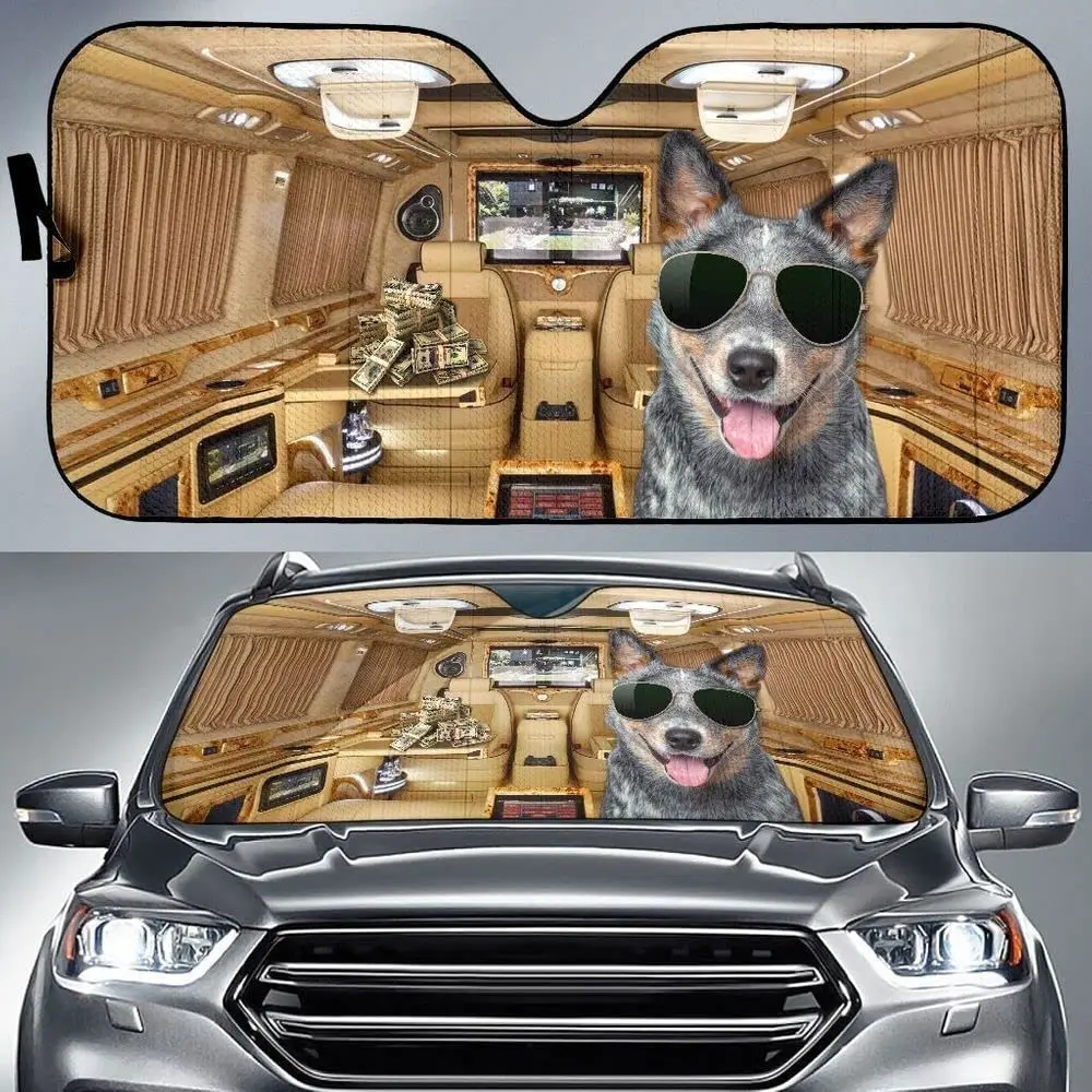 

Rich Heeler Wearing Sun Glasses Tongue Out Car Sunshade, Funny Australian Heeler Auto Sunshade for Heeler Lover, Australian Catt