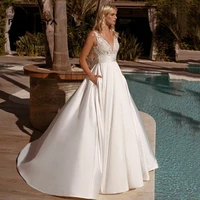 simple stain wedding dress with pocket v neck sleeveless open back lace sweep train bridal gown vestido de novia custom made