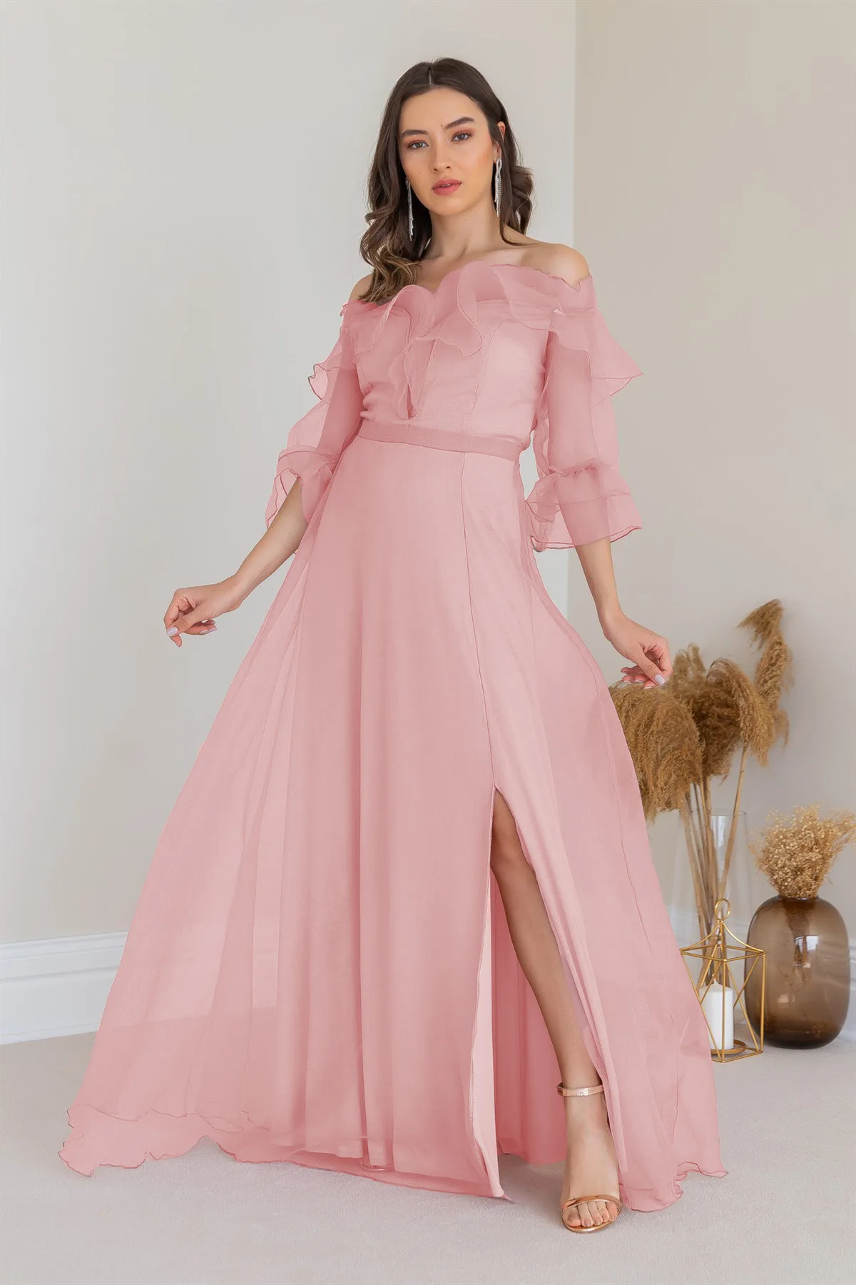 Women Sweetheart Chiffon Party Dresses Sexy Bateau Cascading Ruffles Formal Dress Fashion Slim Waist A-Line Prom Evening Dresses