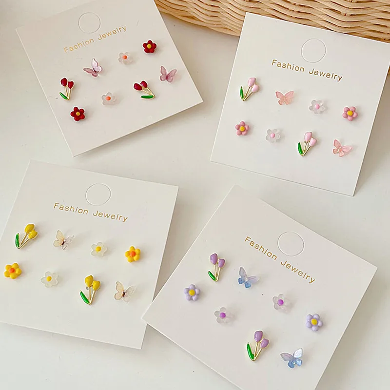 2022 Korea Spring New Cute Romantic Colorful Acrylic Butterfly Flower Tulip Small Stud Earrings for Women Girls Jewelry Gifts