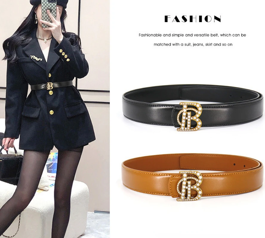 New Women's Belts Pearl Alloy Smooth Buckle Women's Belt with Coat Jeans genuine leather Belt Designer High Quality Waistband