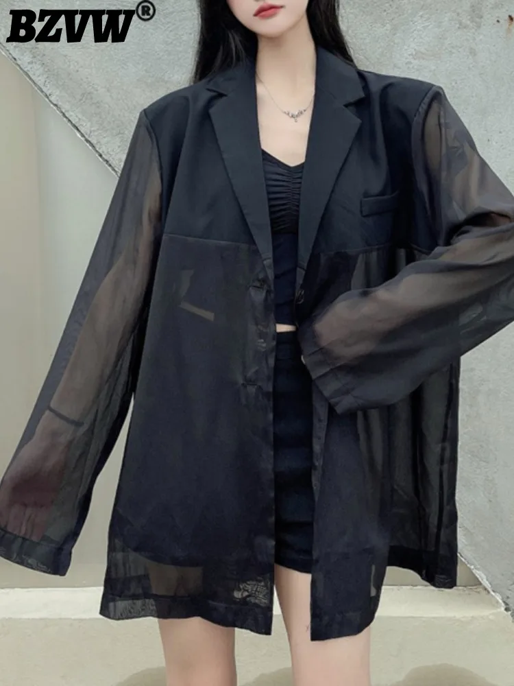 

BZVW Office Lady Sunscreen Solid Color Cardigan Desigher Thin Blazer For Women Patchwork Notched 2023 Summer New Trend 25X01456