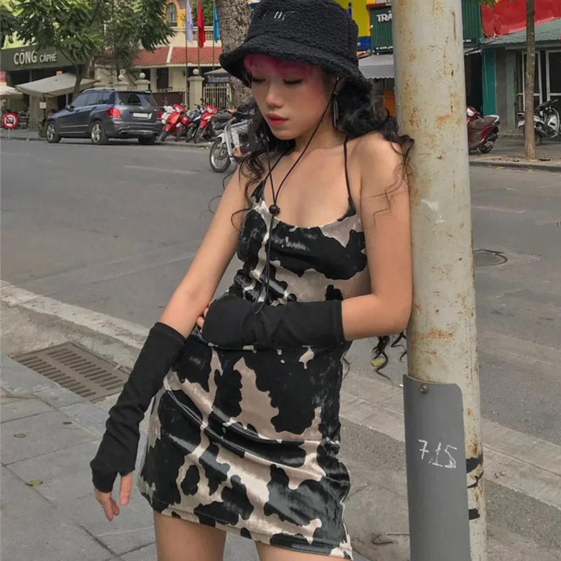 

Aesthetic Y2k Camouflage Mini Dresses Women 2021 Gothic Sexy Spaghetti Strap E-Girl Punk Skinny A-line Black Vintage Club Dress