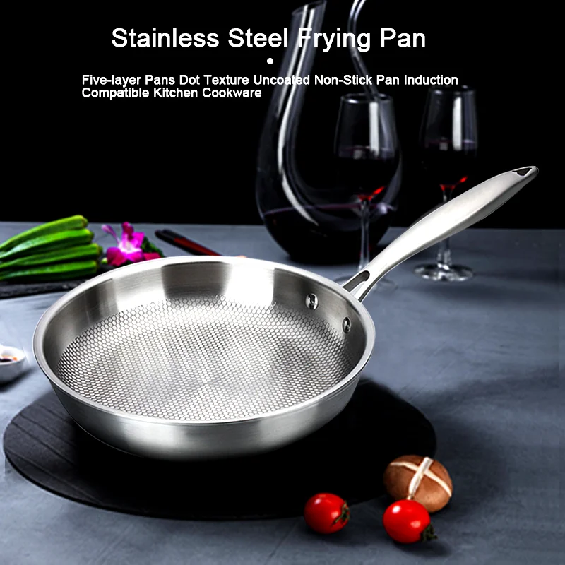 Stainless Steel Frying Pan  Five-layer Pans Dot Texture Uncoated Pan Induction Compatible 28cm Kitchen Cookware