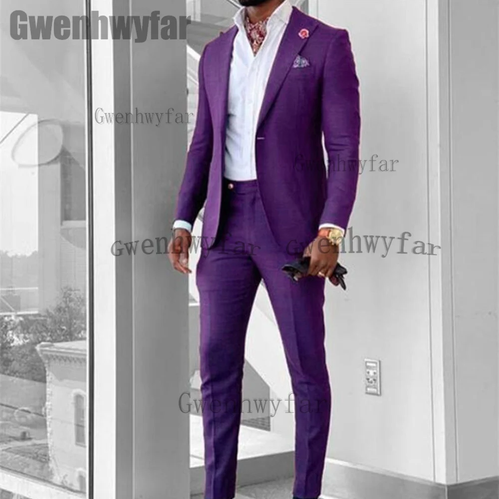 

Мужские костюмы Gwenhwyfar, смокинги с пиковым отворотом, свадебный костюм для жениха, Фиолетовый пиджак, комплект из двух предметов, мужской кос...