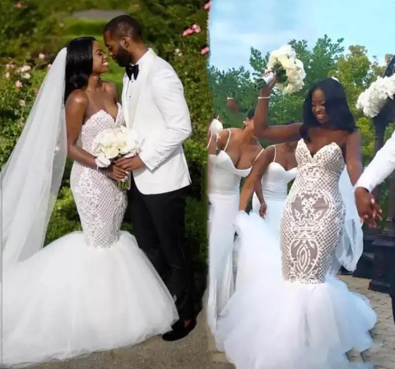 

Plus Size Wedding Dresses Sweetheart Lace Applique Tiered Tulle Skirts Mermaid Wedding Dress Sweep Train Bridal Gown 2023