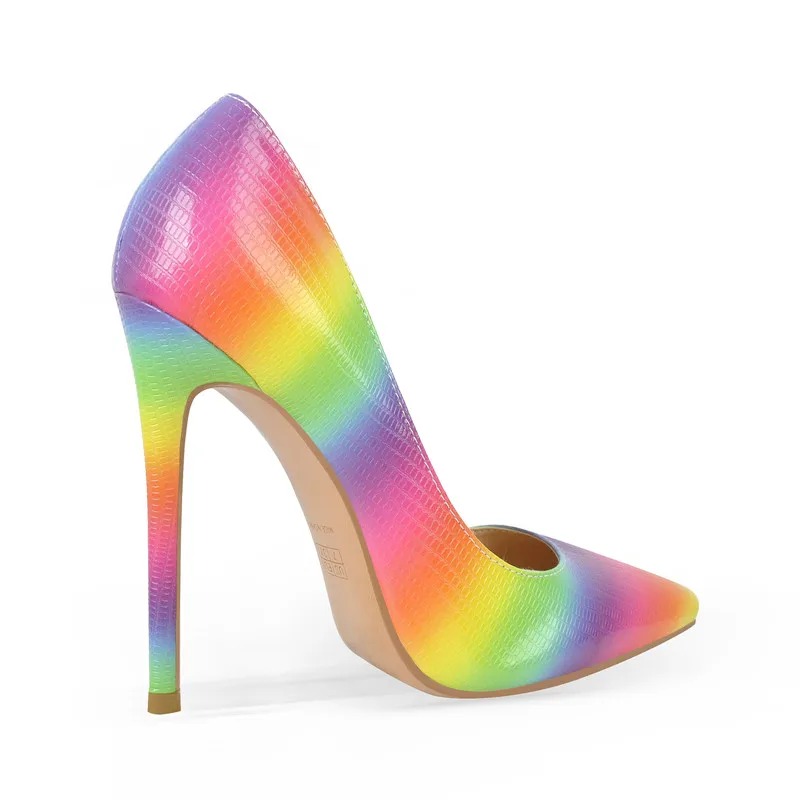 Onlymaker Women Rainbow Pointed Toe Stilettos Pumps Slip On Shoes Multicolor Patent Leather Shallow Thin High Heels