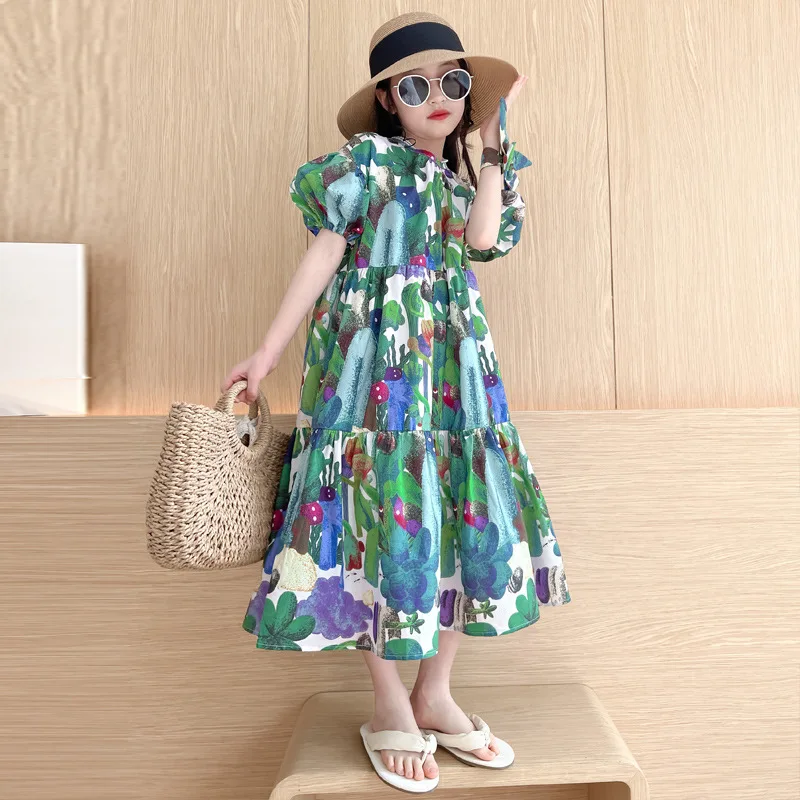 

Новинка лета 2023, платье для девочек, женское длинное платье для матери, длинное платье с принтом и рукавами-фонариками