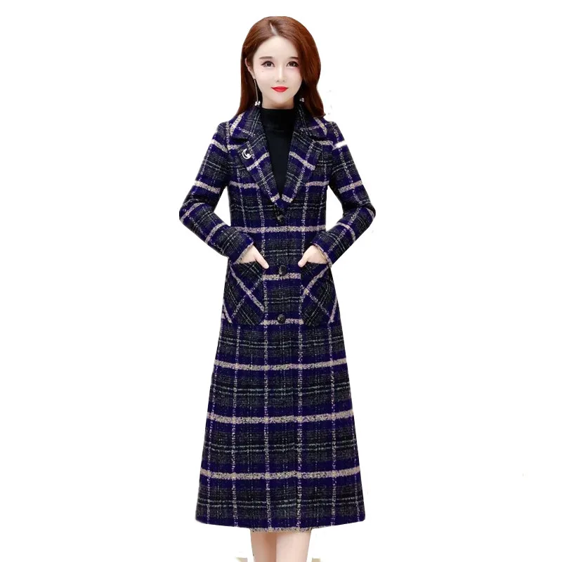 

2023 Winter New Plaid Woolen Coat Women Thick Crude Tweed Lengthen Jacket Houndstooth Outerwear Middle-Aged Female Clothes H2544
