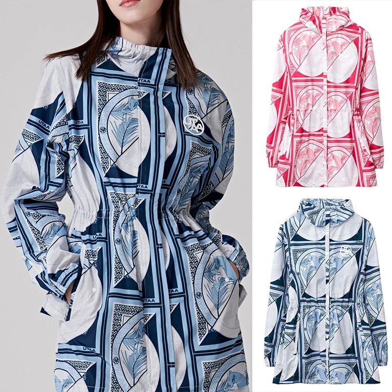 

Women's Golf Wear Spring and Summer Hooded Graphic Print Jacket Outdoor Sports Waterproof Windproof Long Raincoat