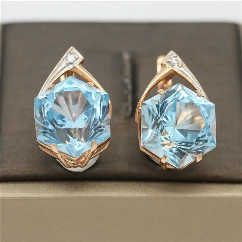 

585 Purple Gold Plated 14K Rose Gold Inlaid Geometric Light Sapphire Earrings for Women Luxury Wedding Party High Jewelry