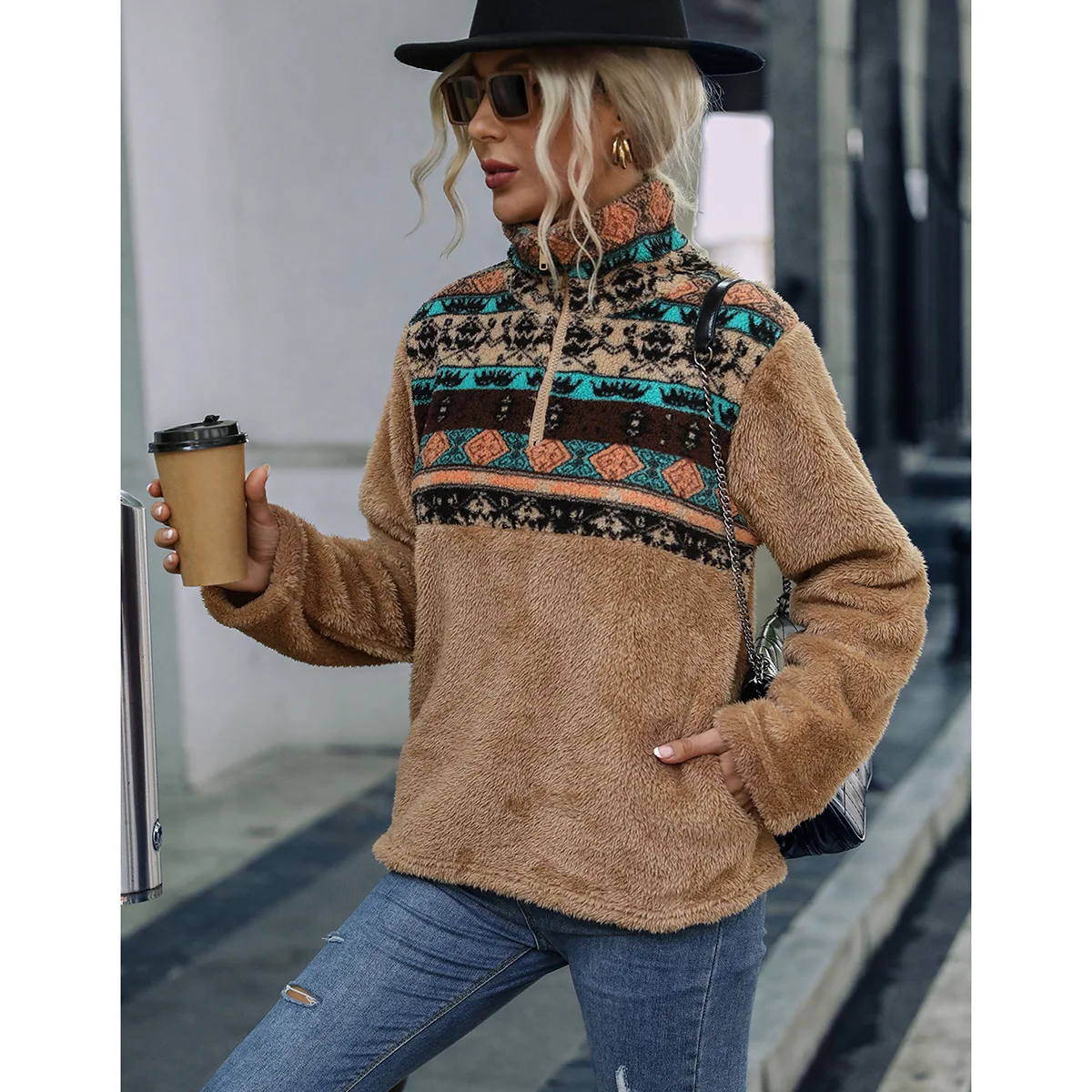 Autumn and Winter Women's Double-sided Fleece Loose Pullover Colorblock Geometric Print Round Neck Long-sleeved Plush Sweater