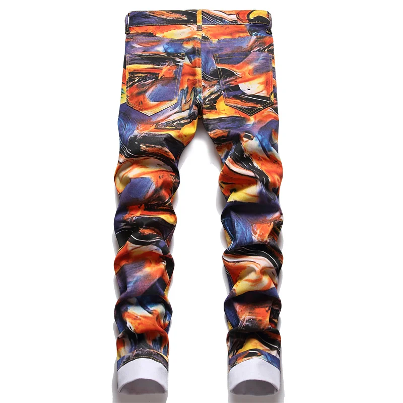 Men's Colorful Graffiti Printed Jeans Y2K Colorful Slim Fit Tapered Elastic Casual Pants Fashion Street Clothing Small Foot Pant