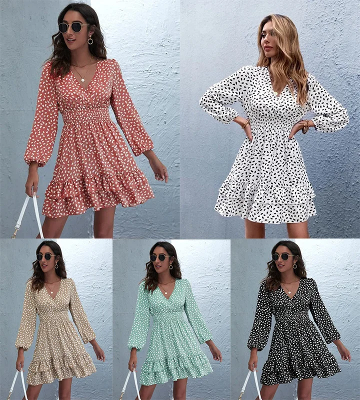 

2022 Women's Printed Neck Waist Long Sleeve V-Neck Multicolor Dress