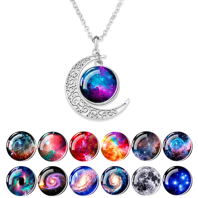Galaxy Nebula Necklace Crescent Moon Pendant Glass Cabochon Necklace