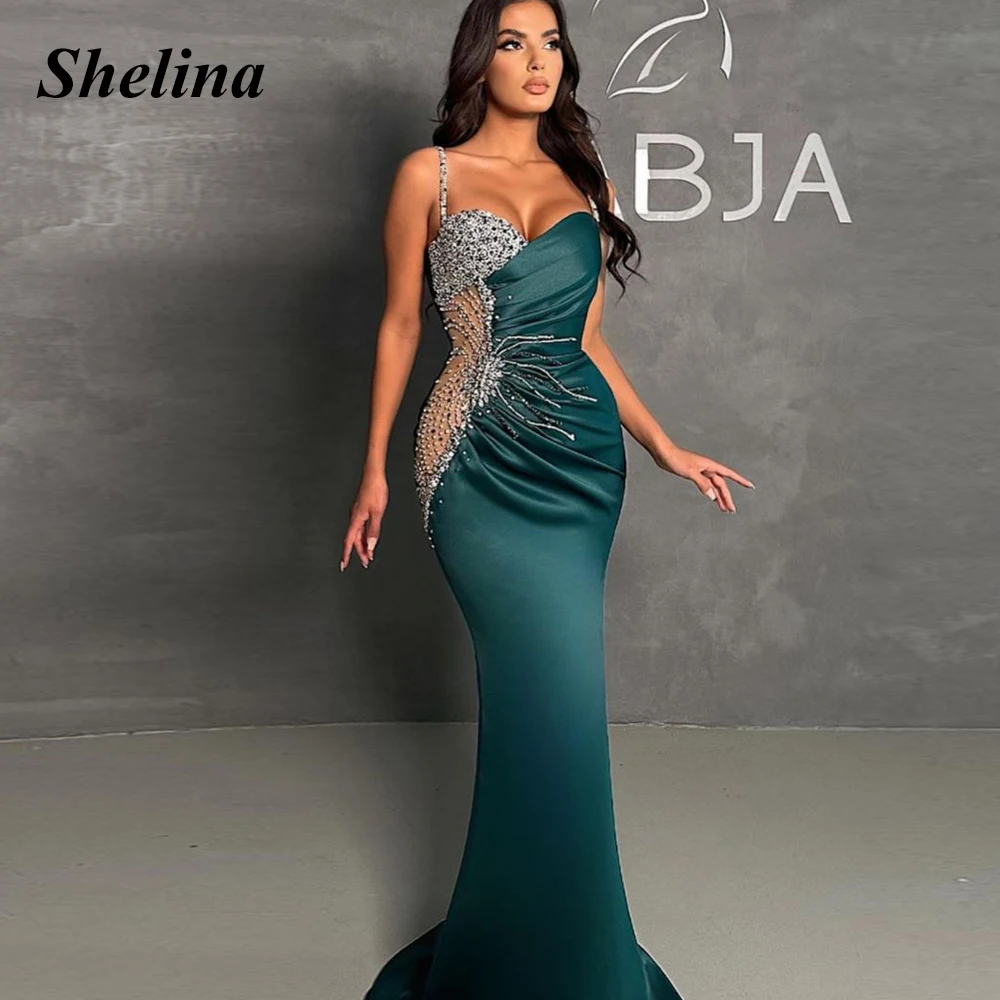 

Shelina Modern Mermaid Evening Dress Sweetheart Illusion Crystal Pleat Sleeveless Sweep Train Robes De Soirée Drop Shipping