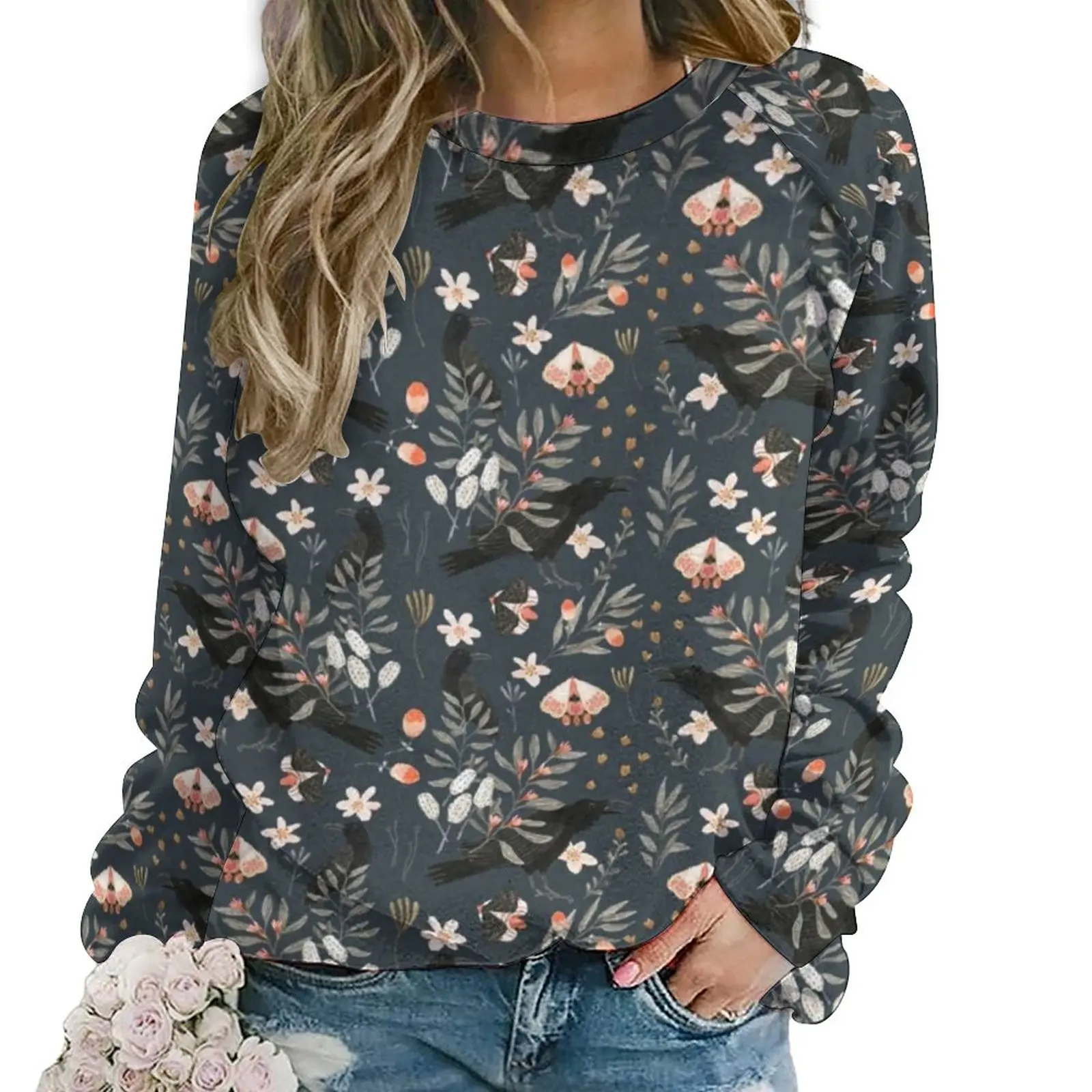 

Худи с цветочным принтом и бабочкой, зимнее черное Худи оверсайз в стиле Харадзюку С Вороной и бабочками, повседневная одежда с длинным рукавом и современным графическим принтом