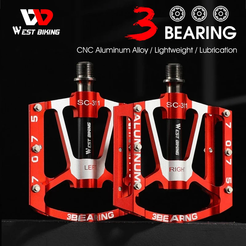 WEST BIKING Bicycle Pedals 3 Bearings Non-Slip MTB Pedals Al