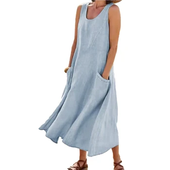 Summer Beach Women Dress Sleeveless Sundress Elegant Round Neck Cotton Solid Long Lady Tank Dress Vintage Pockets Vestidos 2023 1