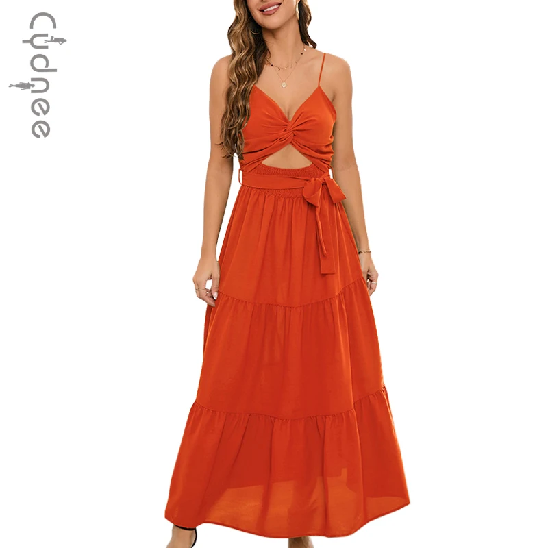 

CYDNEE Summer Sexy Hollow Out Strap Beach Dress Fashion Sleeveless Holiday Long Dresses Solid Color Spliced Vestidos Female
