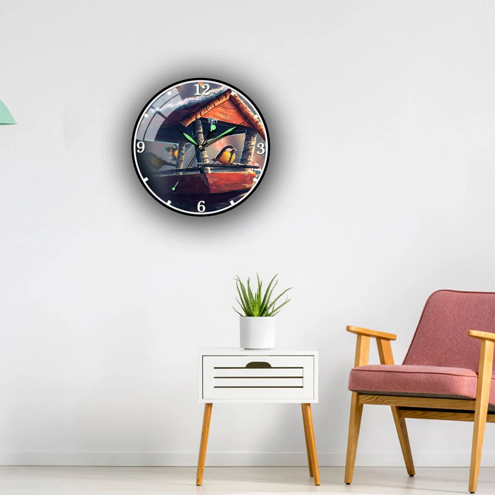

Art Painting Bird on Tree House HD Luminous Wall Clock Silent Quartz Circular Acrylic Hanging Clock Modern Design Home Decor