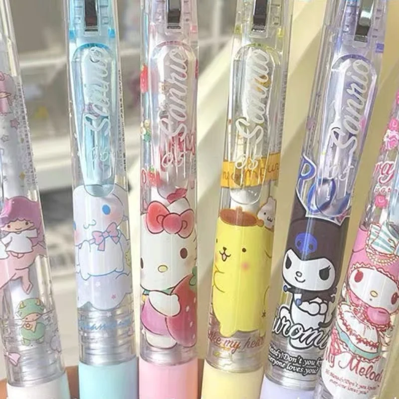 

6Pcs Kawaii Sanrio Unisex Pen Lovely Hello Kitty My Melody Cartoon Press Pen Bag Set Unisex Pen Cute Stationery Stationery