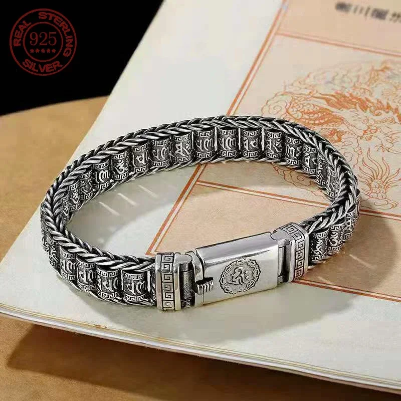 

S925 Sterling Silver Creative Lucky Buddhist Scripture Bracelets Men Turn Beads Retro Six-character Mantra Personalized Jewelry
