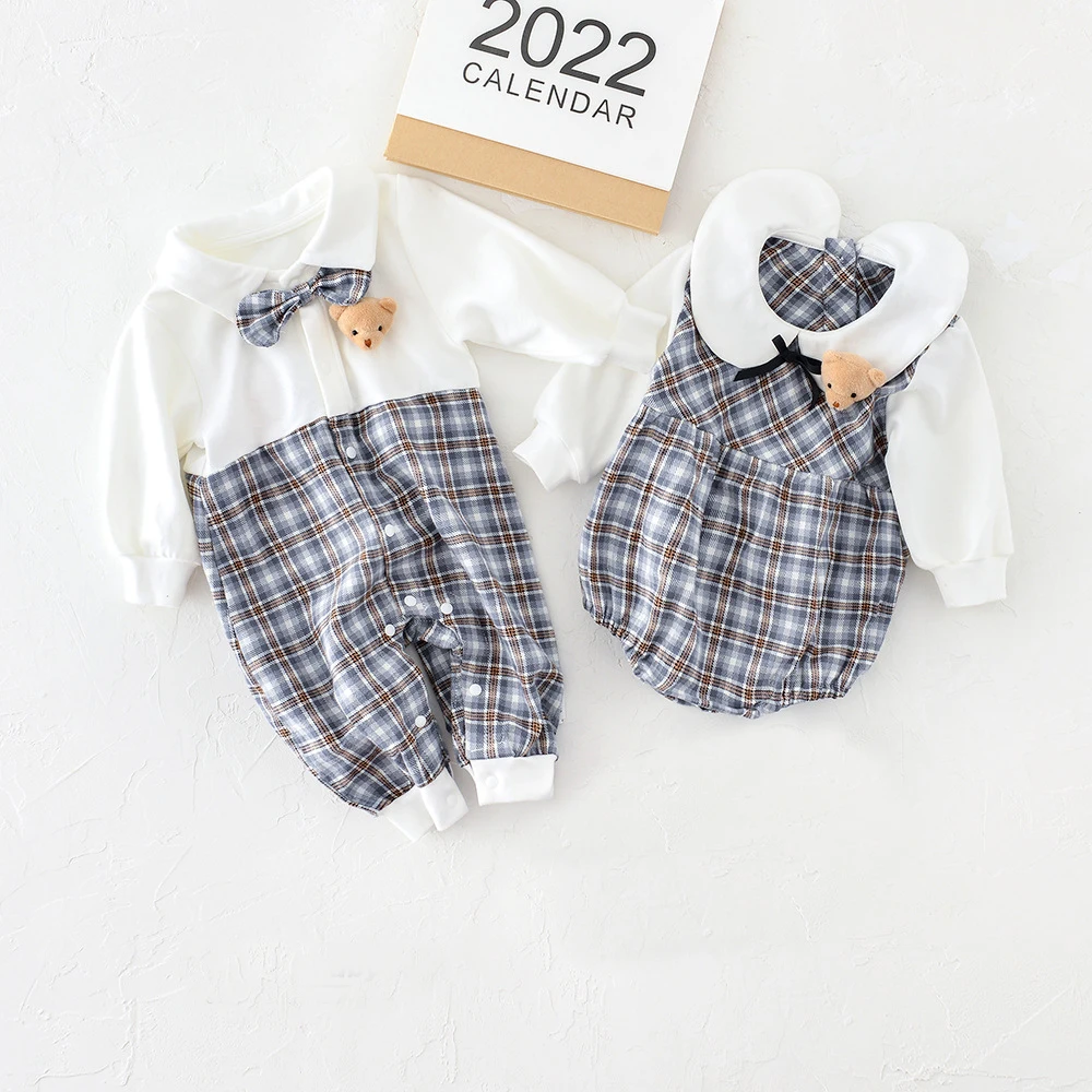 

Infant brother and sister clothes lapel plaid stitching jumpsuit romper Newborn baby girls and boys Toddler Bodysuit