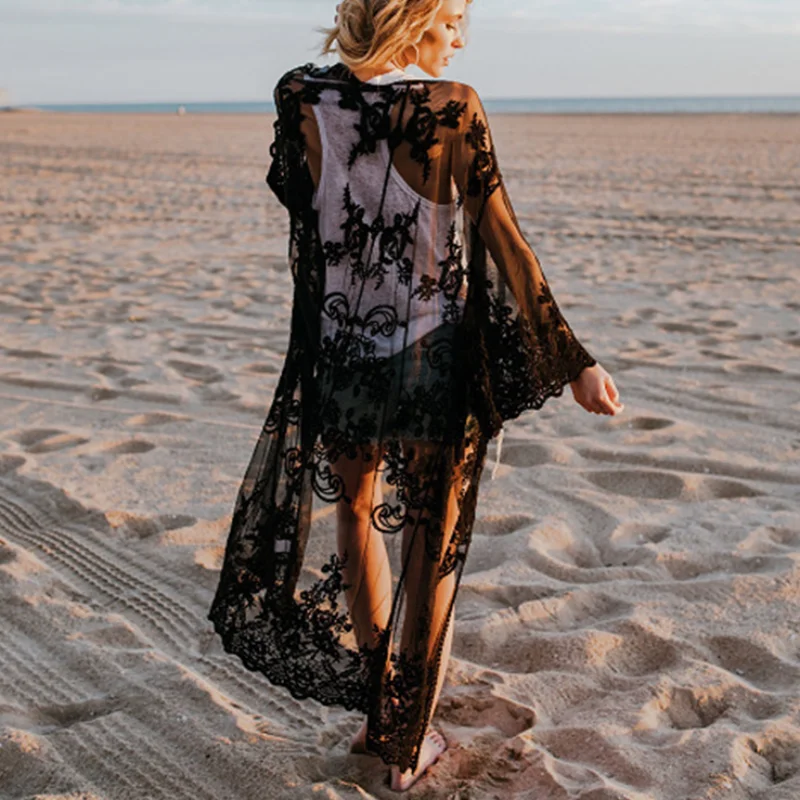 

Женский летний кардиган с вырезами, рубашка, Солнцезащитная блузка, топы в стиле бохо, Пляжная кружевная женская верхняя одежда, повседневная рубашка с длинным рукавом, пальто