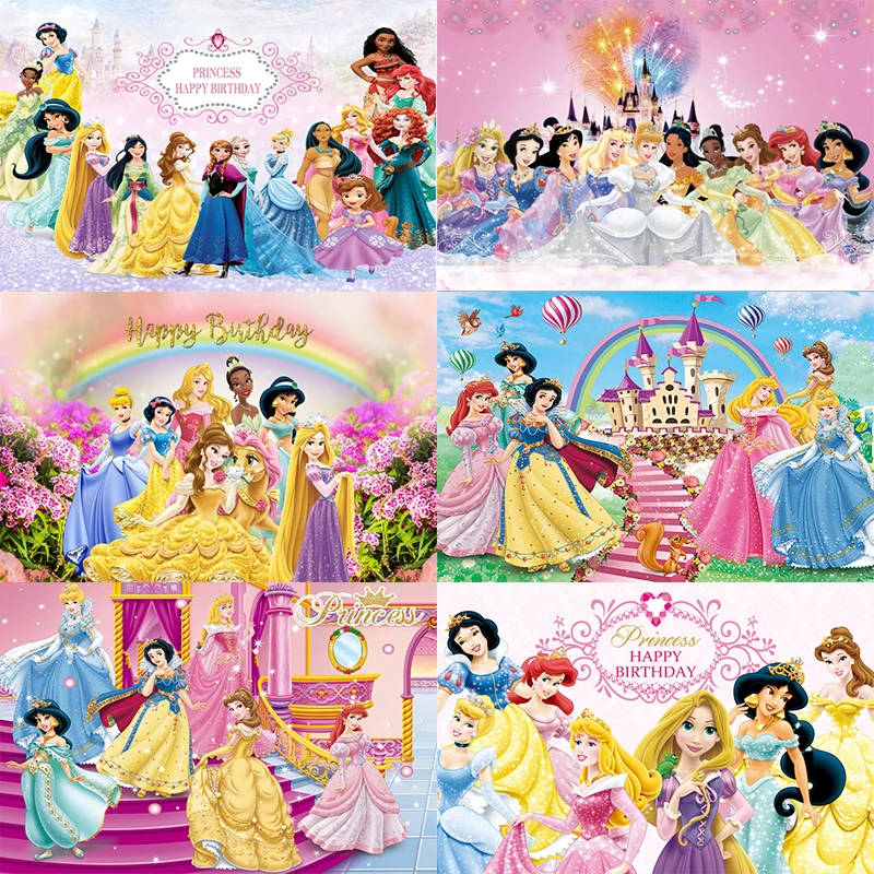 

Disney Princess Backdrop Girls Snow White Frozen Rapunzel Happy Birthday Party Baby Shower Photography Background Photo Banner