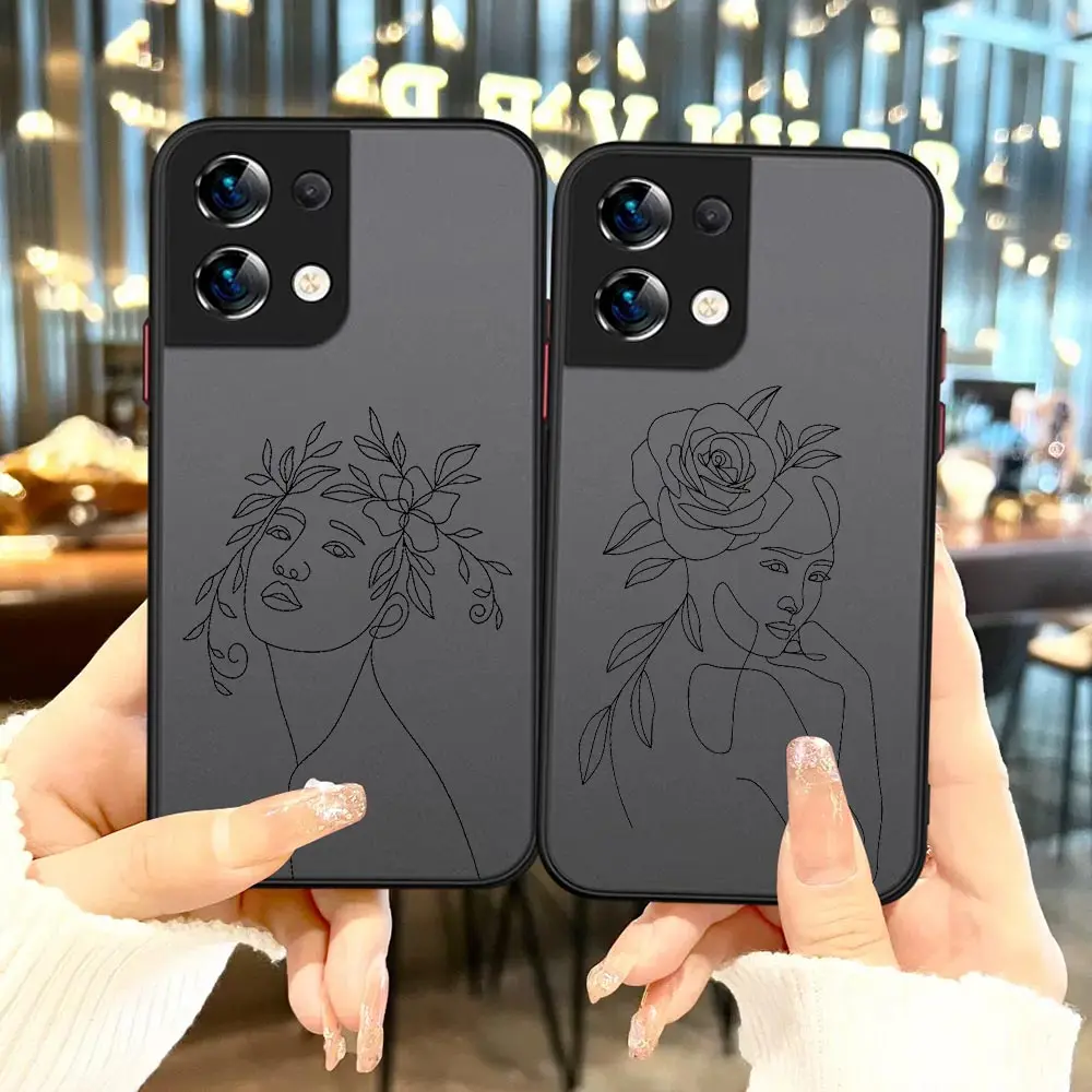 

Line Art Sketch Flower Girl Protection Matte Phone Case For OPPO Reno 8 7 7Z 6Z 6 5 4 4SE 3 2 2F 2 Z Pro Plus 5G 4G Cover Funda